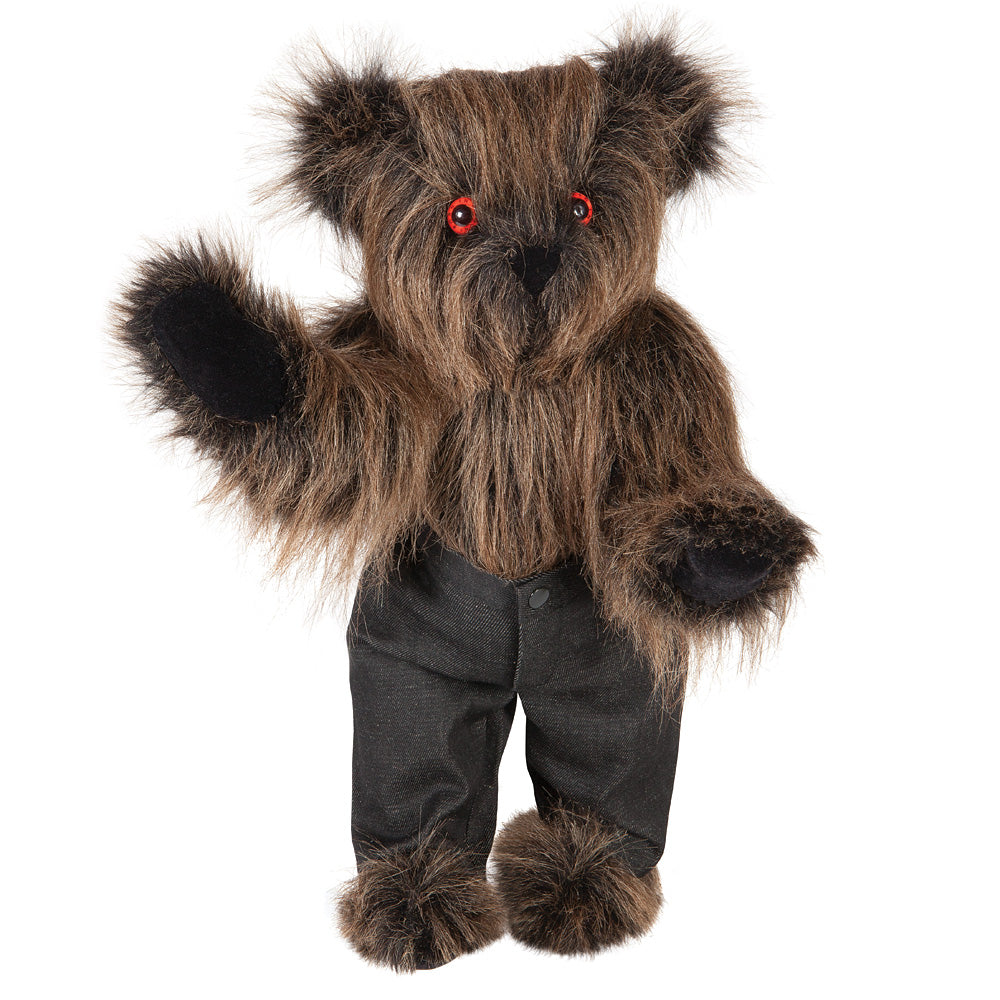 15-inch plush bearwolf with brown and black fur wearing black pants and red eyes.