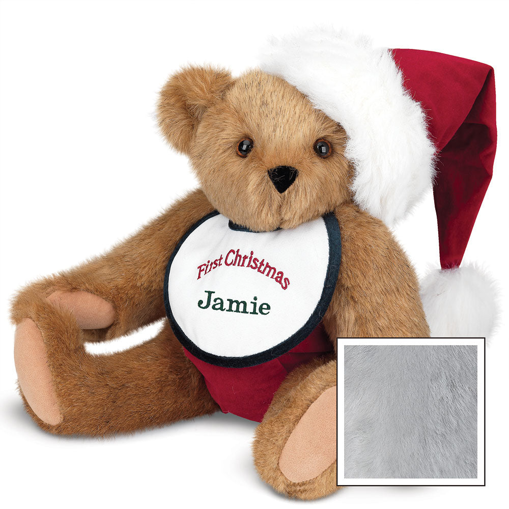 15-inch honey brown teddy bear wearing red Santa hat and personalized "First Christmas Jamie" bib.