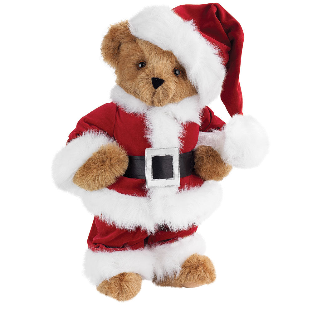 15-inch brown teddy bear dressed in red Santa suit with white fur trim and black belt.