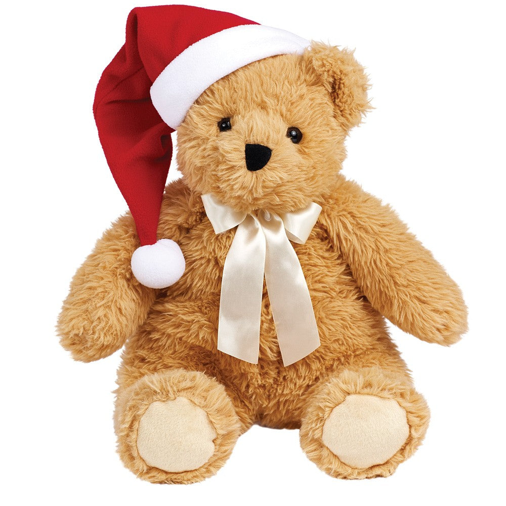 Plush light brown teddy bear with white satin bow and red Santa hat with white trim.