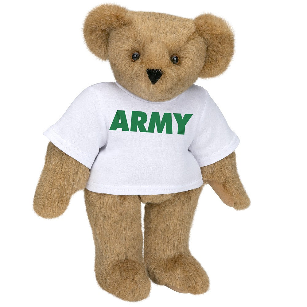 15-inch light brown plush bear wearing a white T-shirt with green "ARMY" text.