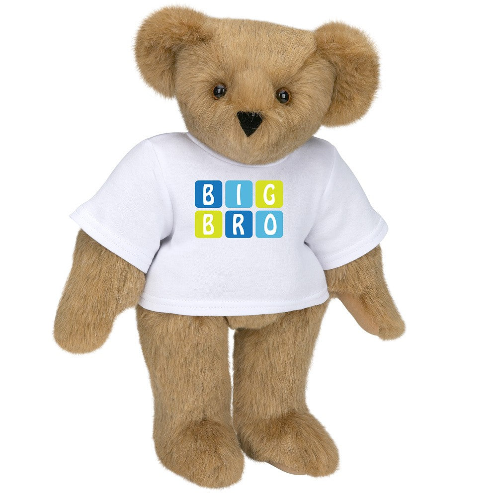 15-inch light brown teddy bear wearing a white t-shirt with colorful "BIG BRO" block lettering.