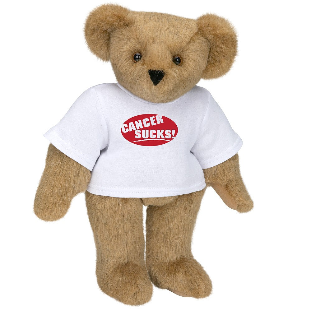 Light brown plush teddy bear wearing a white t-shirt with red "Cancer Sucks!" text.