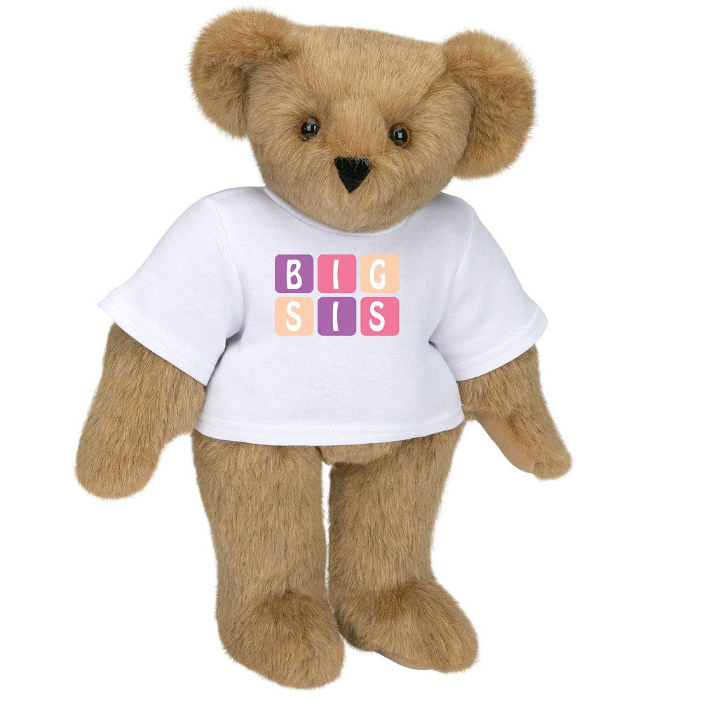 Brown plush bear wearing a white "BIG SIS" T-shirt with colorful block letters.