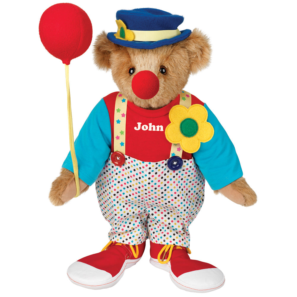15-inch plush bear dressed as a clown with blue hat, red nose, polka dot pants, and red balloon.