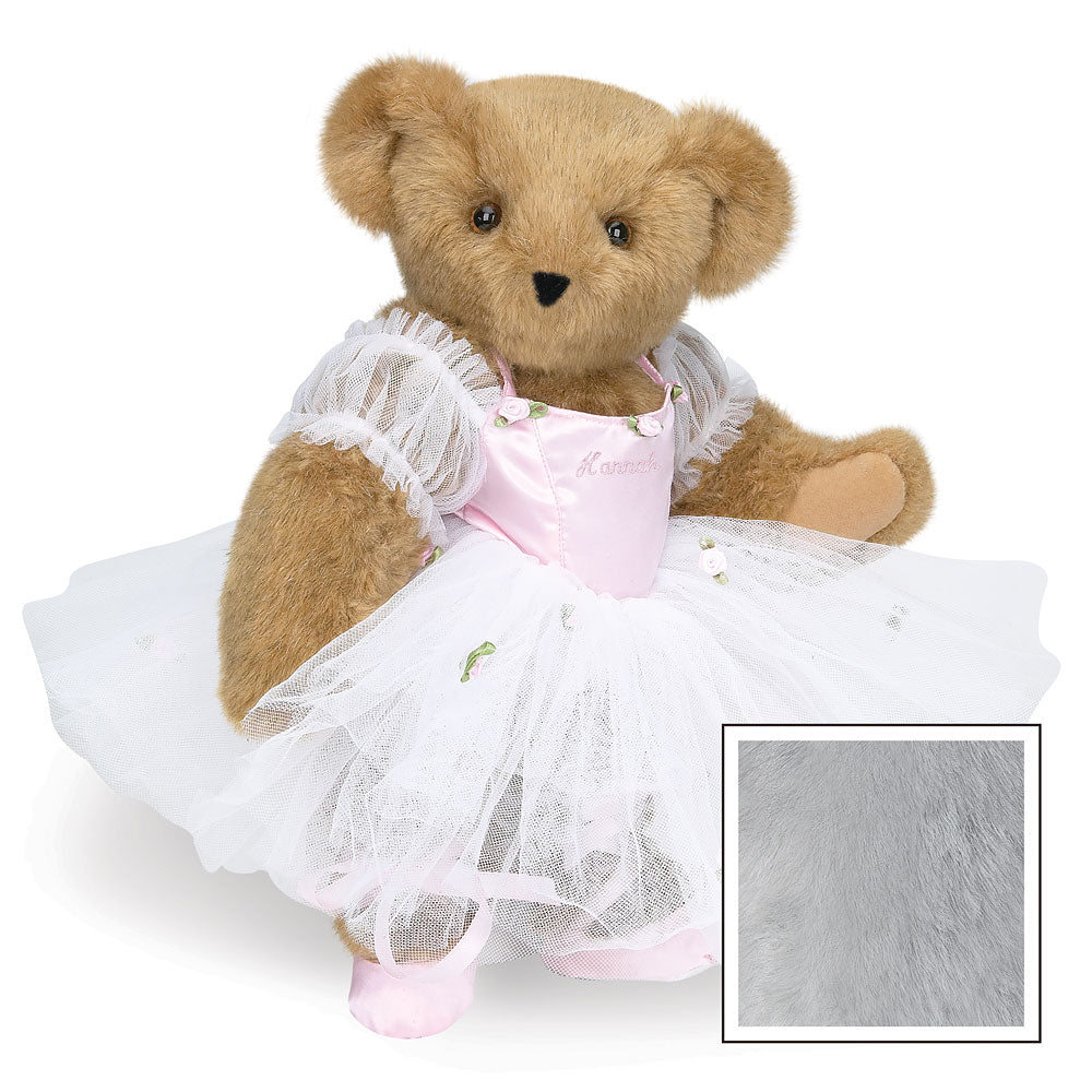 15-inch plush ballerina bear with tan fur, wearing a pink bodice and white tutu dress with floral embroidery and matching.