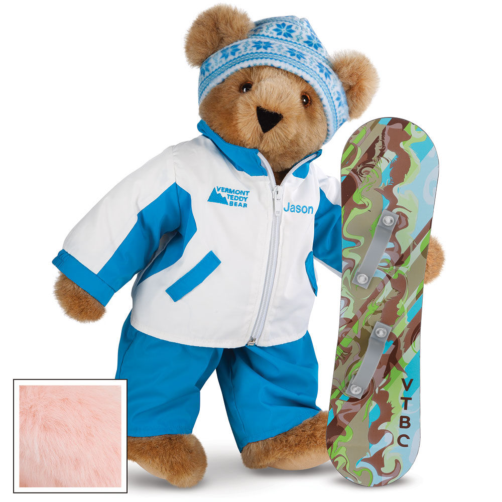 Plush teddy bear wearing blue and white snowboard jacket and pants, holding camouflage snowboard with VTBC lettering.