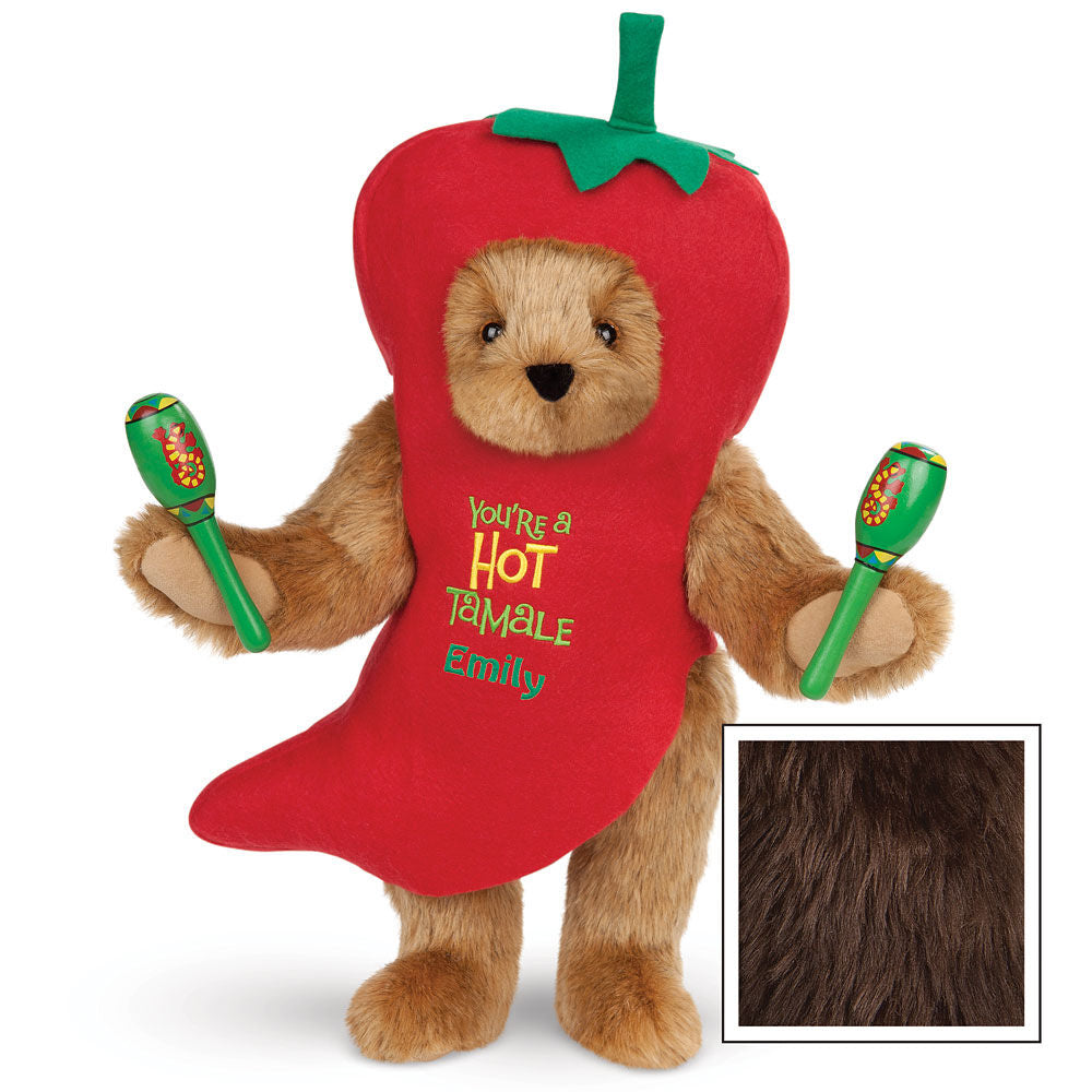 15-inch plush bear dressed as a red chili pepper with green stem and maracas, embroidered text "World's Hot Tamale Emily".