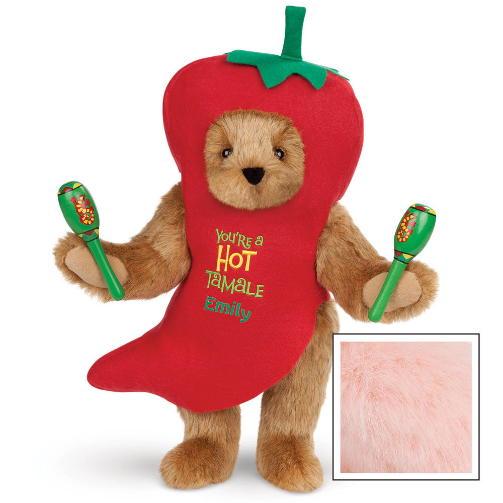 15-inch brown teddy bear dressed in a red chili pepper costume holding green maracas with "You're a Hot Tamale Emily".