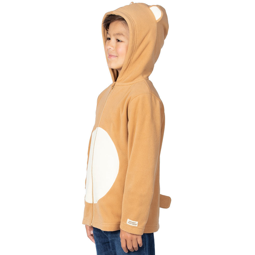 Light brown children's hoodie jacket with teddy bear ears, white belly patch, and tail detail.
