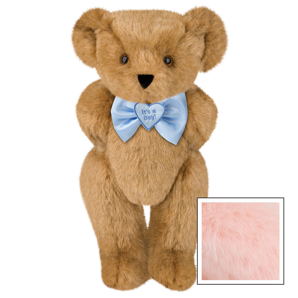 Honey-colored plush teddy bear with blue bow tie embroidered "It's a Boy!" and brown eyes.