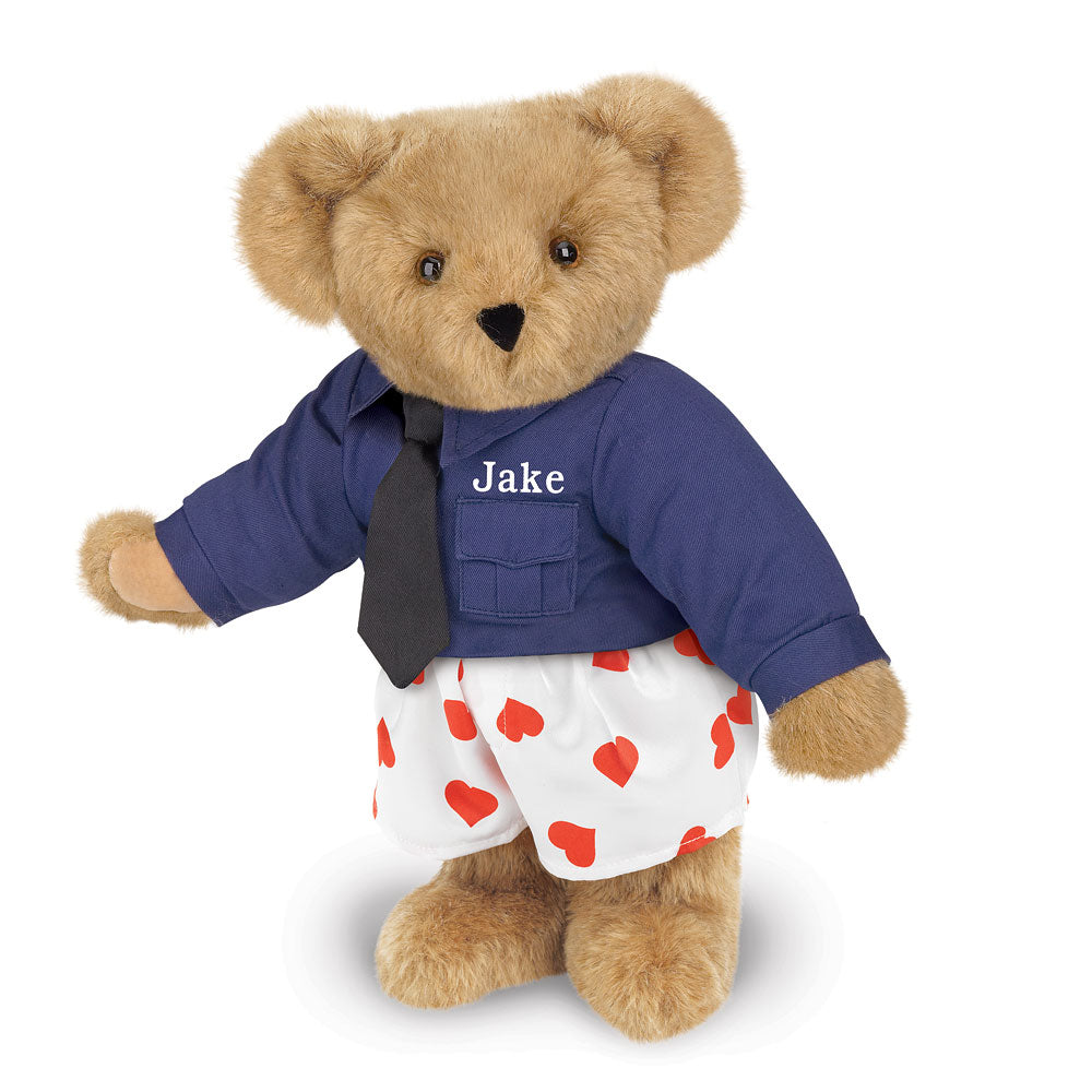 15-inch plush teddy bear wearing blue shirt, black tie, and white boxer shorts with red hearts.