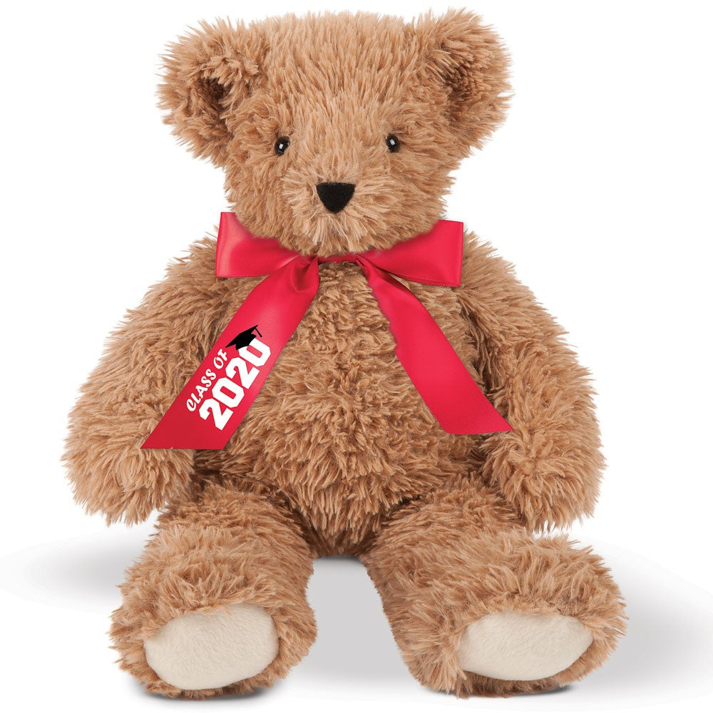 Brown plush teddy bear wearing red ribbon with "Class of 2021" tag, sitting upright.