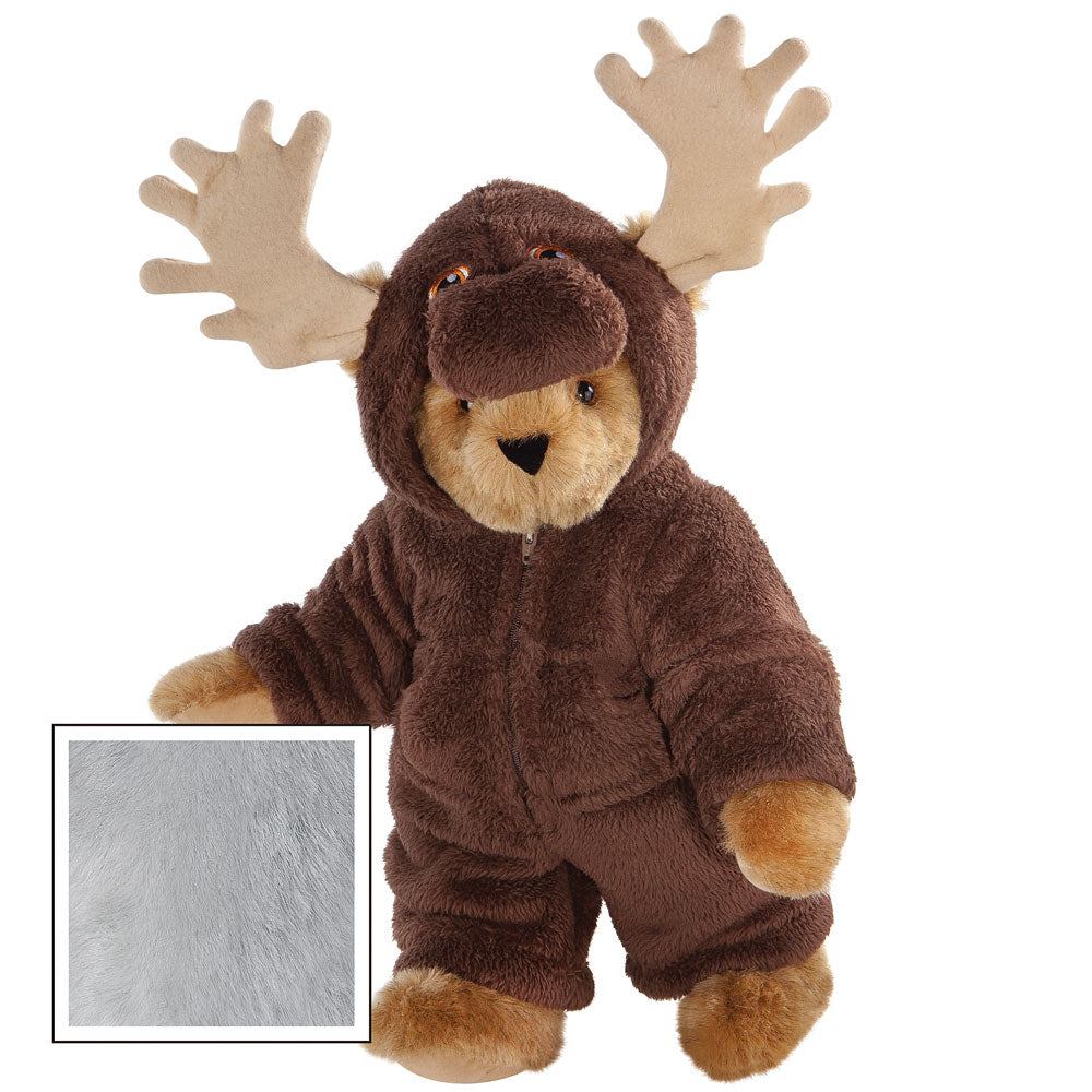 Brown plush moose costume teddy bear with light brown antlers and tan paw pads.