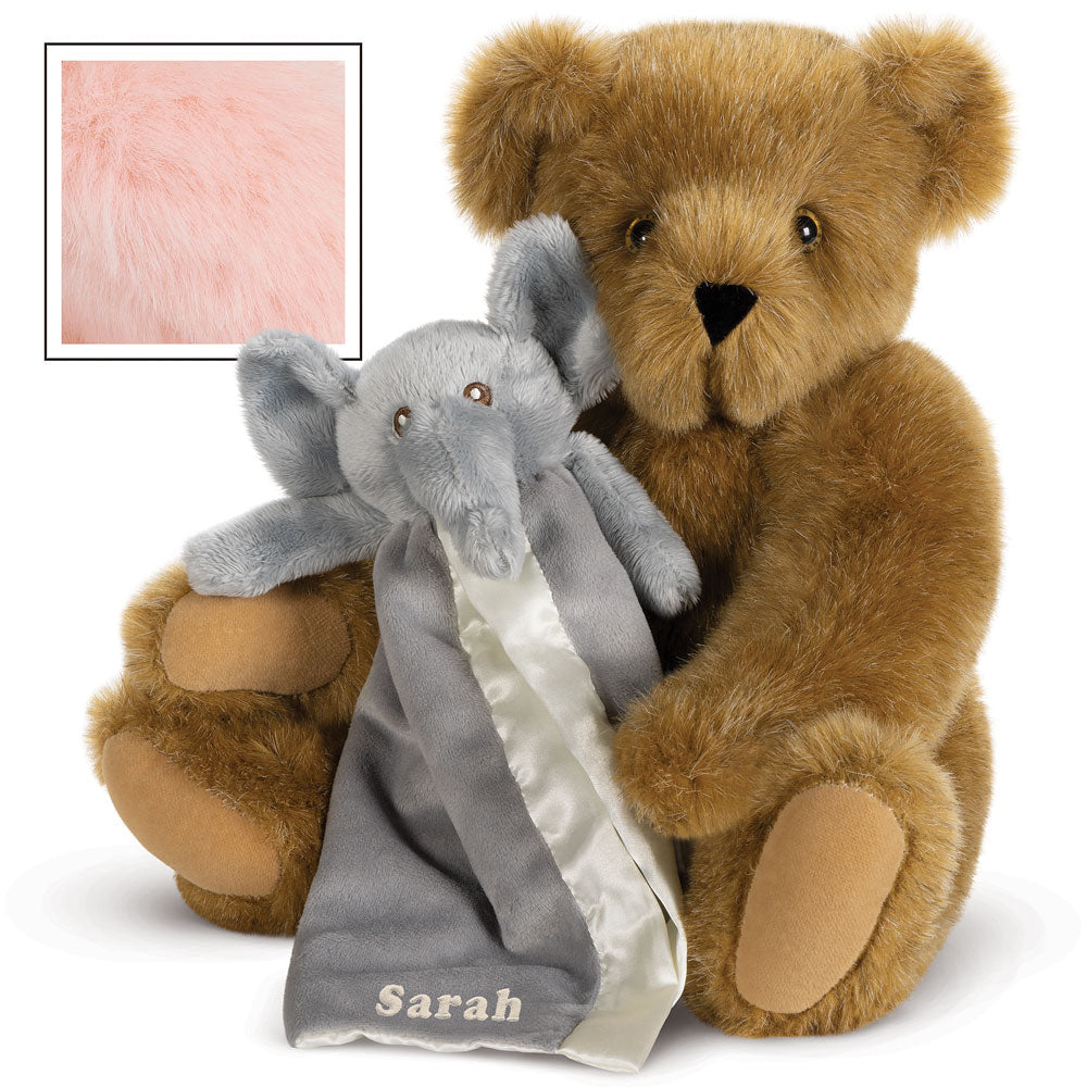 Brown plush teddy bear holding gray elephant security blanket with satin trim embroidered "Sarah".