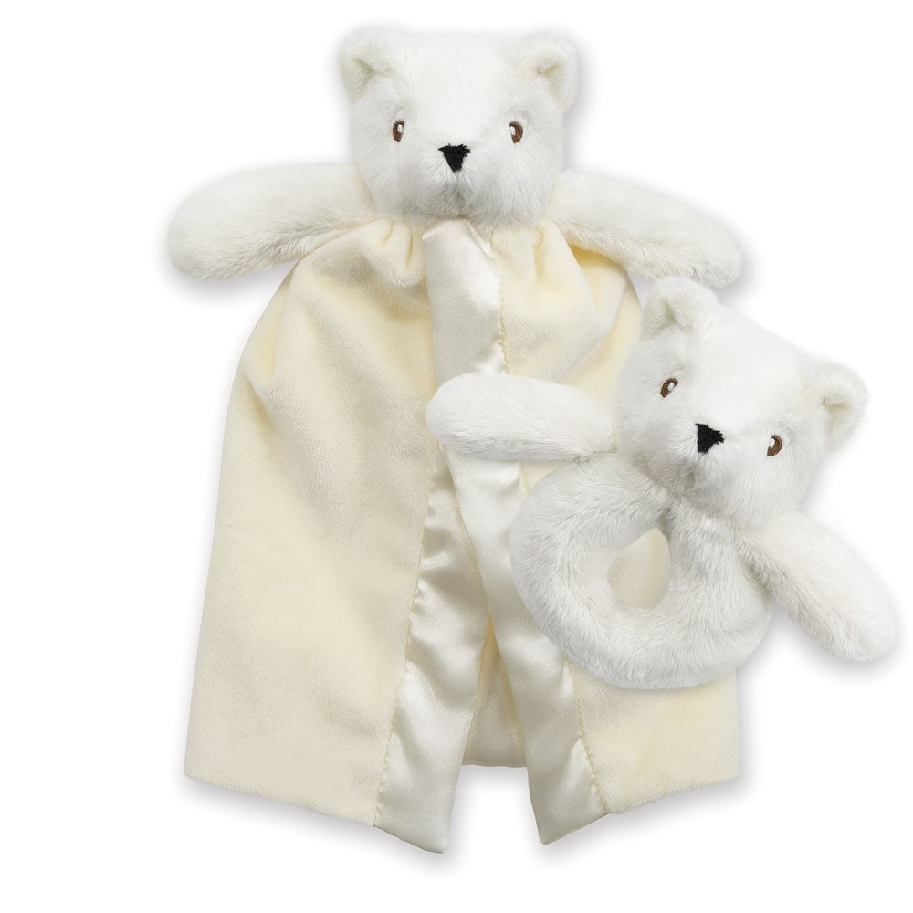 White plush teddy bear rattle with soft cream blanket featuring satin trim edges.