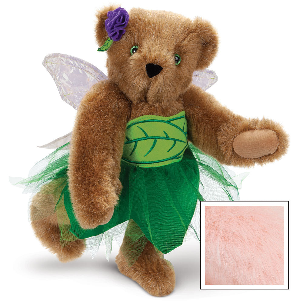 Honey brown teddy bear with green fairy wings and green leaf tutu dress, purple flower headband.