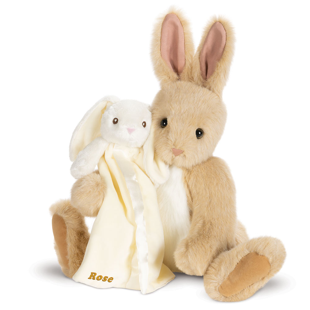 Soft beige plush bunny with large ears hugging a white bunny lovey blanket embroidered with "Rose".