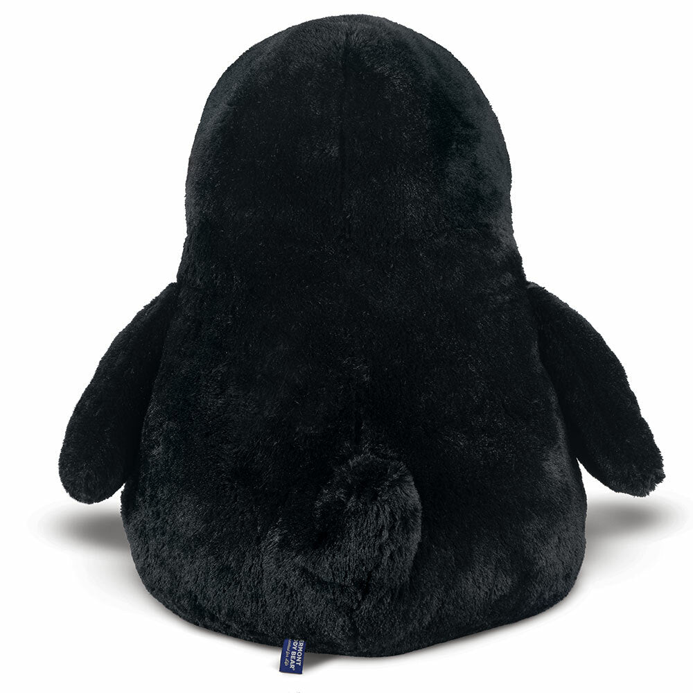 Plush black penguin stuffed toy with smooth fabric and rounded wings, sitting upright.