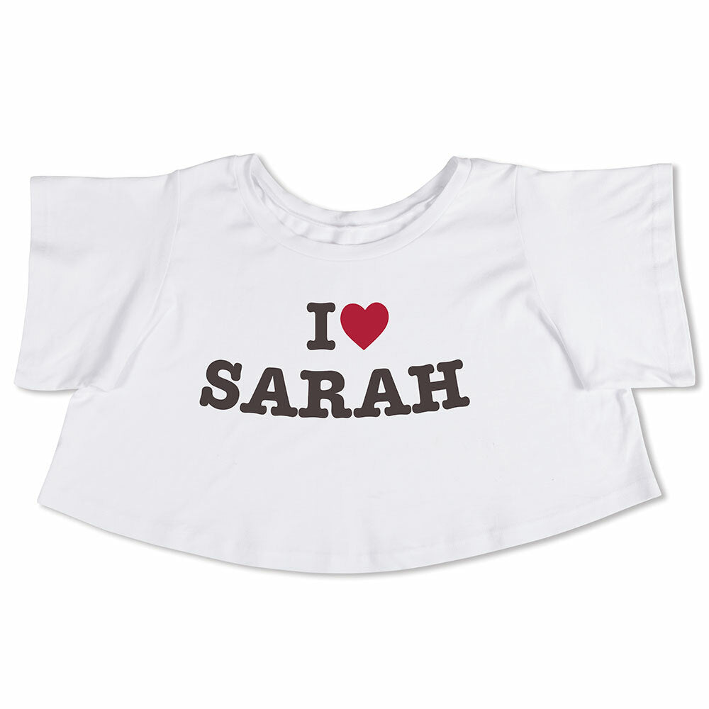 White cropped t-shirt with "I ♥ SARAH" in black and red letters across the front.