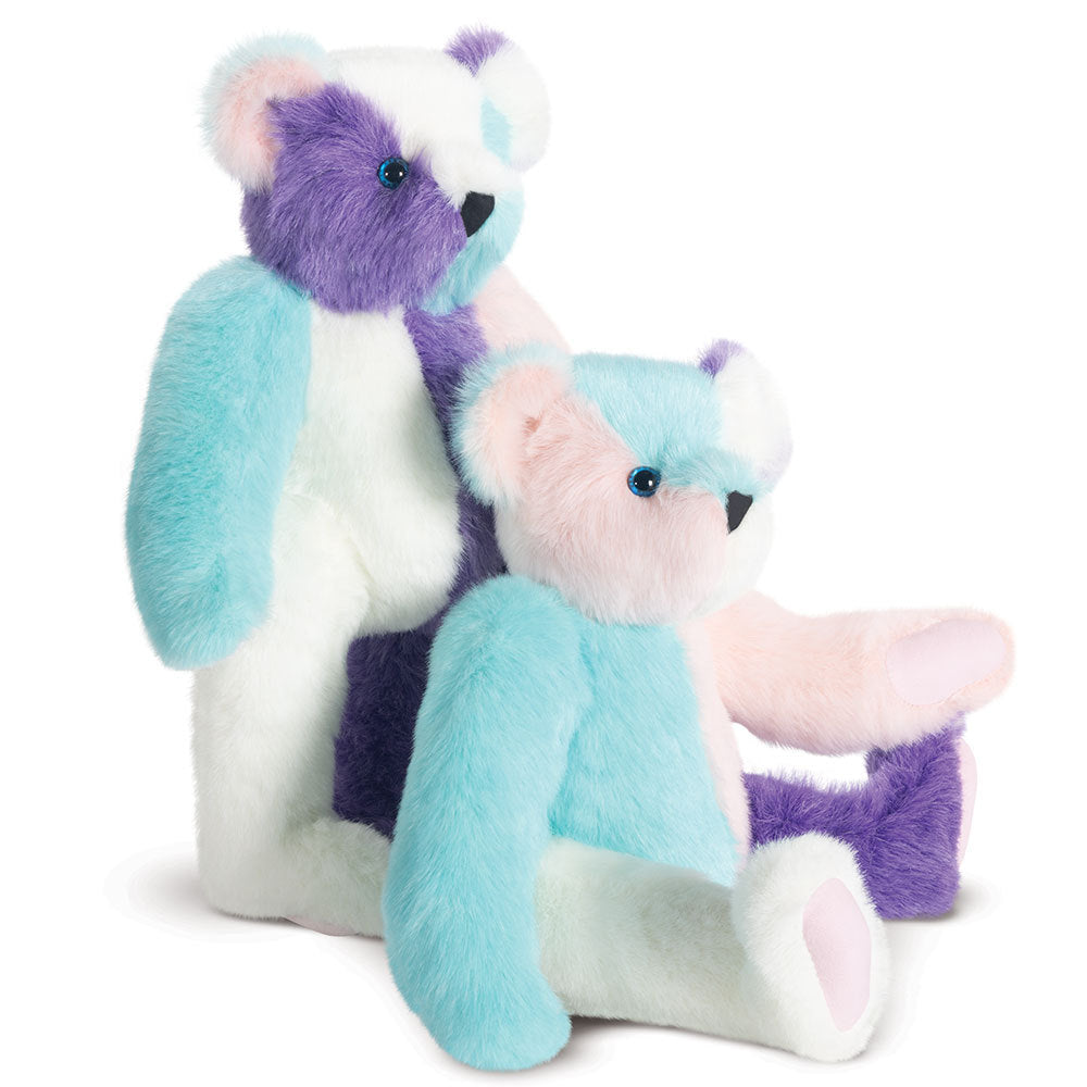 15-inch plush bear with pastel cotton candy colors in blue, pink, purple, and white patchwork design.