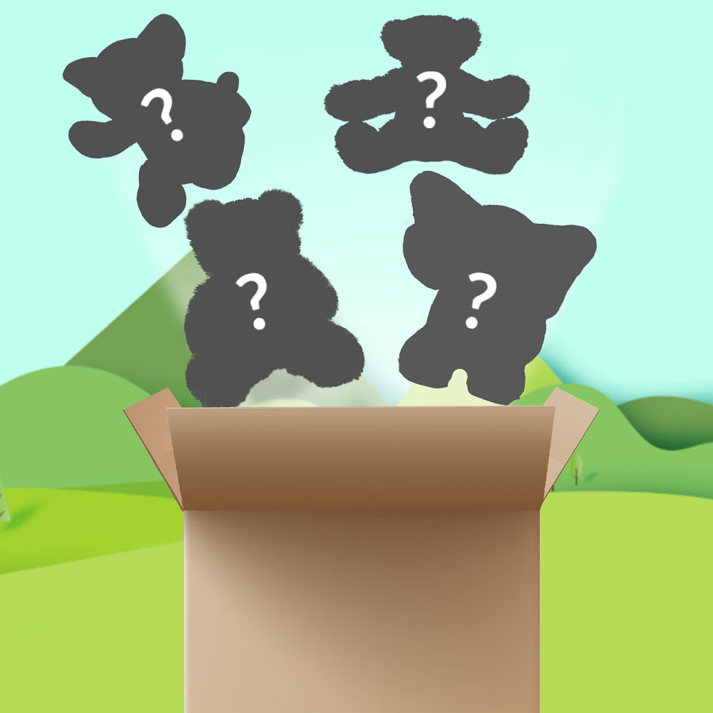 Brown cardboard box with four dark plush animal silhouettes marked with white question marks against a green outdoor.