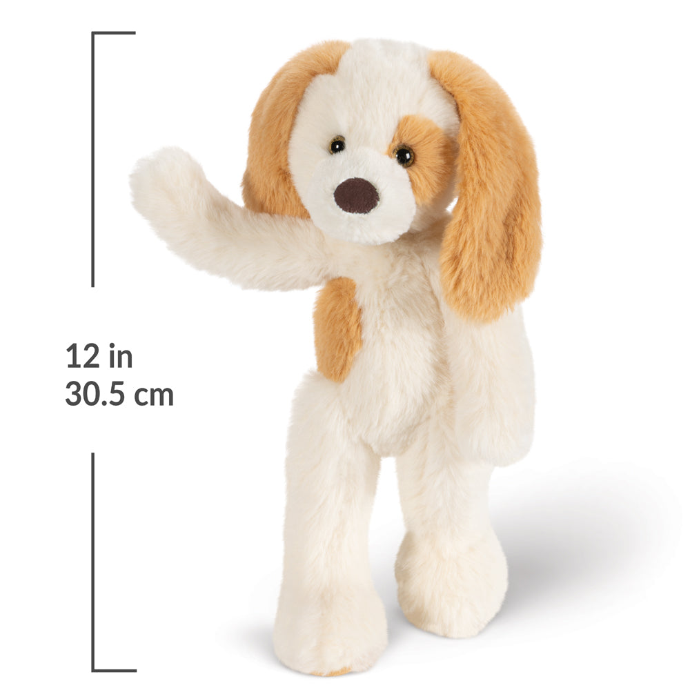 A plush dog toy with long floppy ears, cream and tan fur, and a waving front paw, shown on a white background with a height measurement marker reading 12 in (30.5 cm).