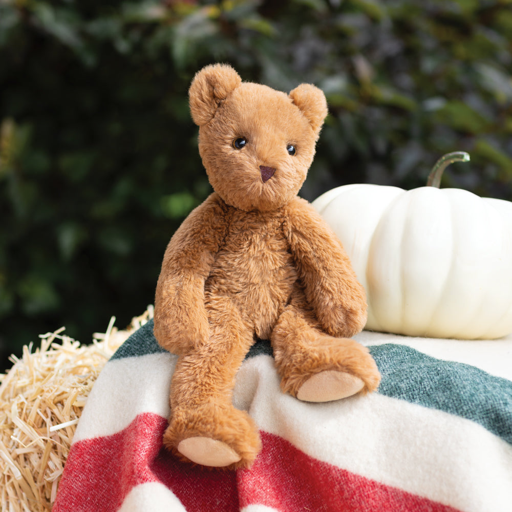 A brown plush teddy bear sits on a striped blanket with a white pumpkin and straw bale in the background, with a blurred green outdoor setting behind it.