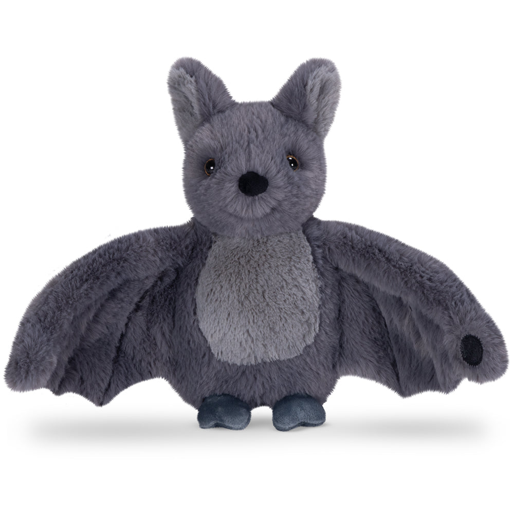 Gray plush bat toy with outstretched wings and black eyes, standing upright.