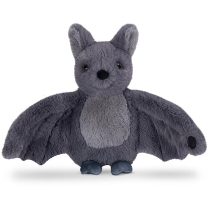 Gray plush bat toy with outstretched wings and black eyes, standing upright.
