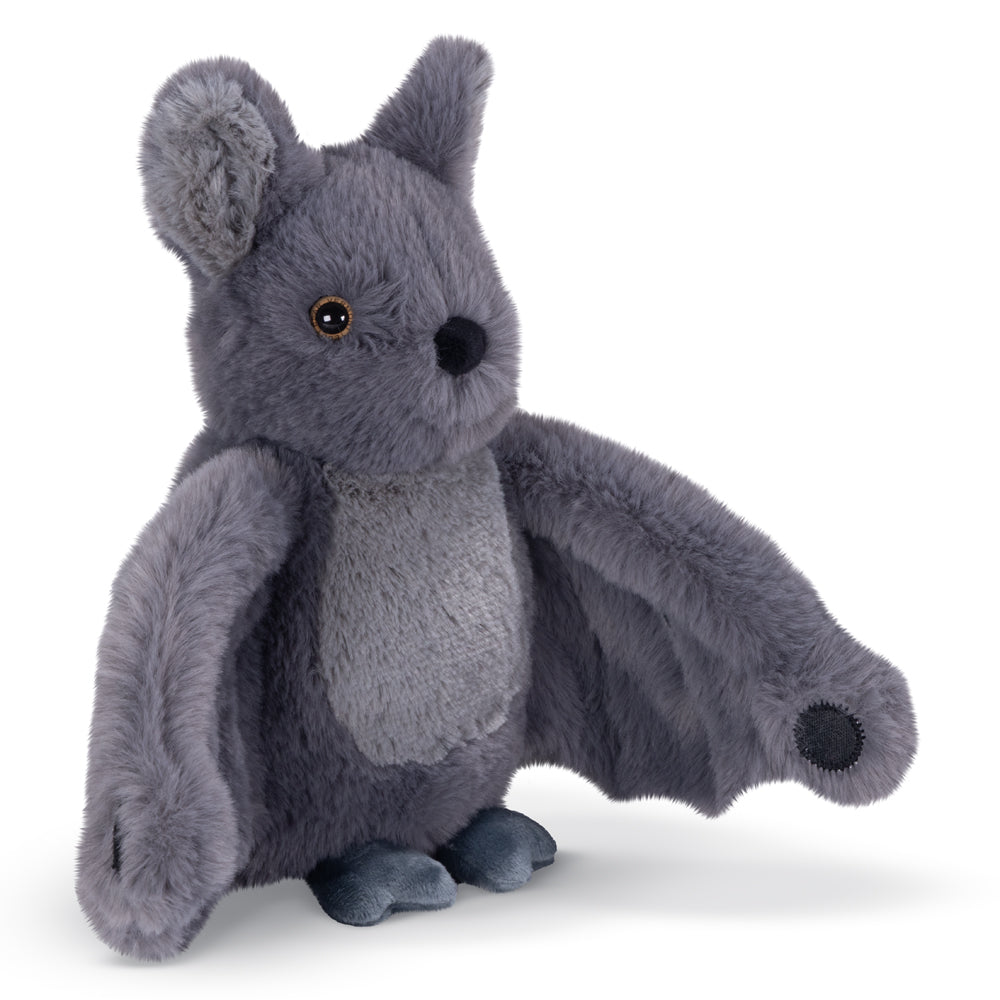 Gray plush bat with open wings, black eyes, and a lighter gray belly standing upright.