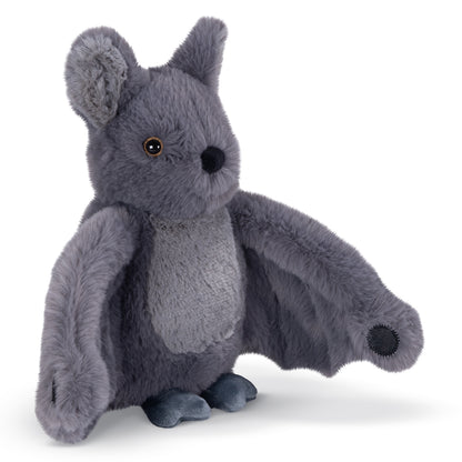 Gray plush bat with open wings, black eyes, and a lighter gray belly standing upright.