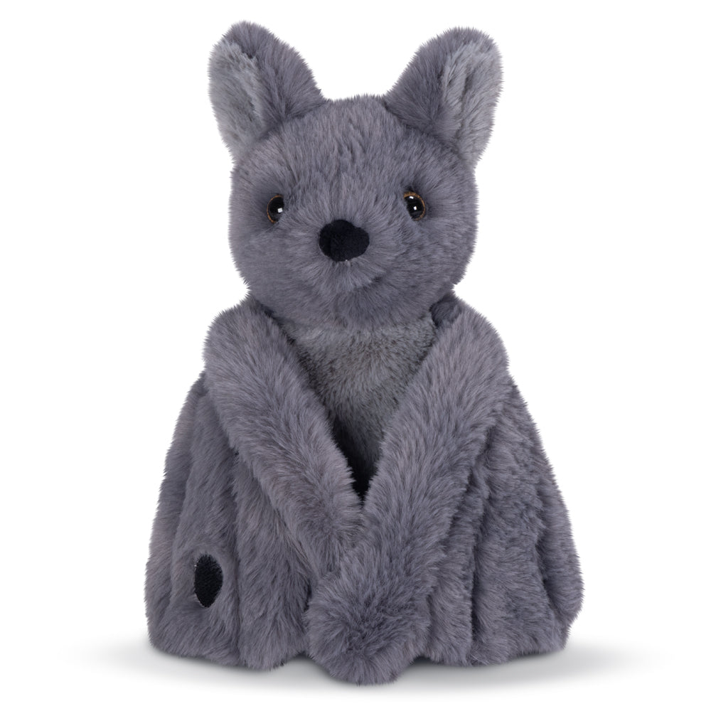 Gray plush bat toy with large ears and black embroidered eyes and nose.