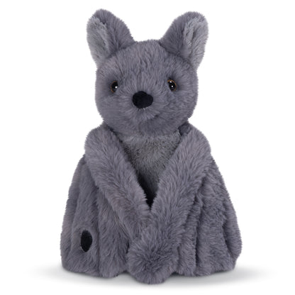 Gray plush bat toy with large ears and black embroidered eyes and nose.
