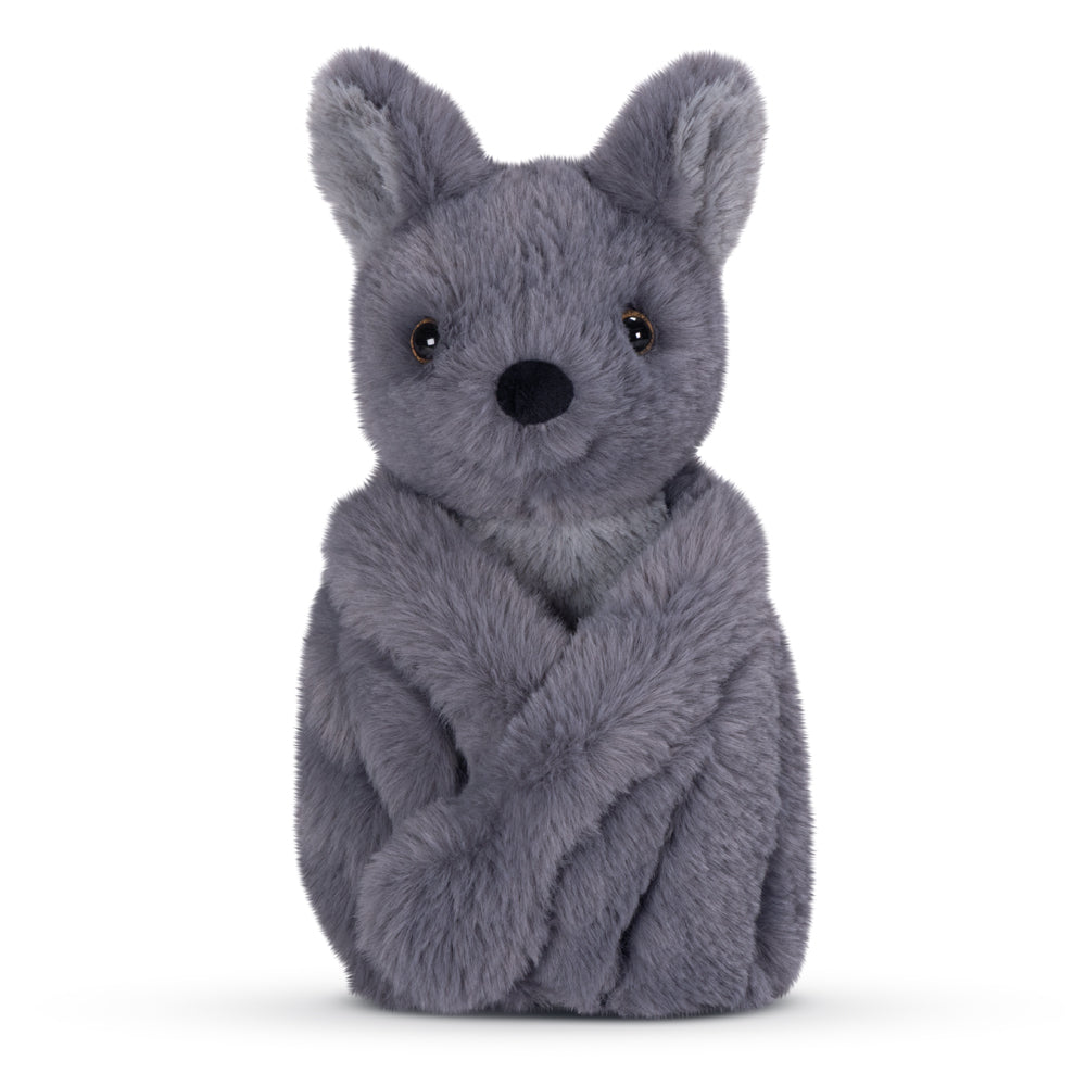 Gray furry hand puppet resembling a bat with large ears and black eyes.