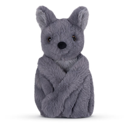 Gray furry hand puppet resembling a bat with large ears and black eyes.