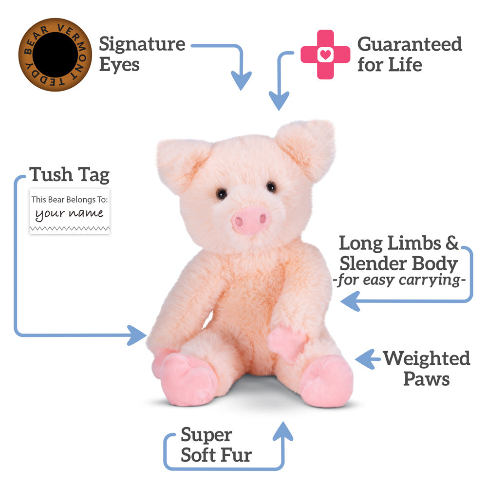 15-inch soft plush pig with light pink fur, weighted paws, and a slender body.