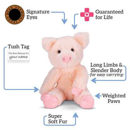 15-inch soft plush pig with light pink fur, weighted paws, and a slender body.
