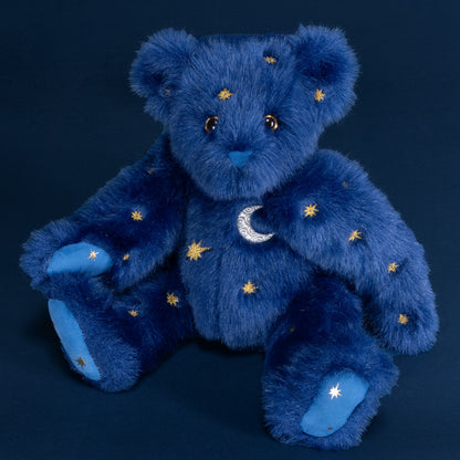 Blue plush teddy bear with golden stars and a silver crescent moon embroidered on its chest and limbs.