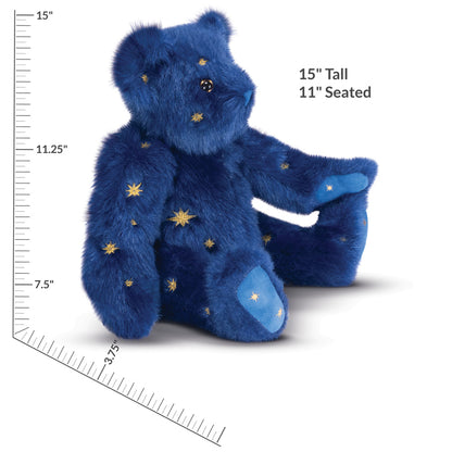 15-inch dark blue plush bear with gold and silver star patterns and light blue paw pads sitting upright.