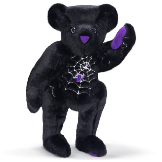 Standing Black teddy bear with purple accents and a spider web design, a perfect Halloween gift