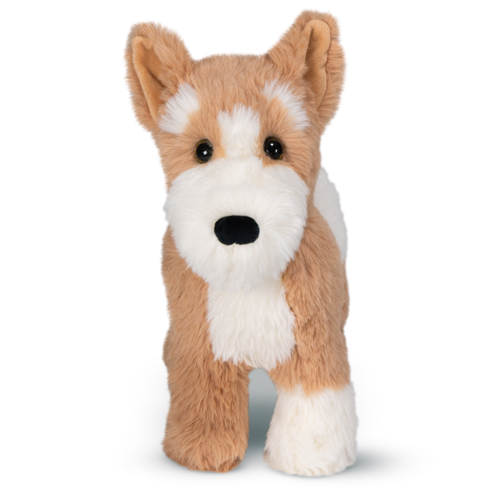 Front view of a plush toy dog with tan and white fur.