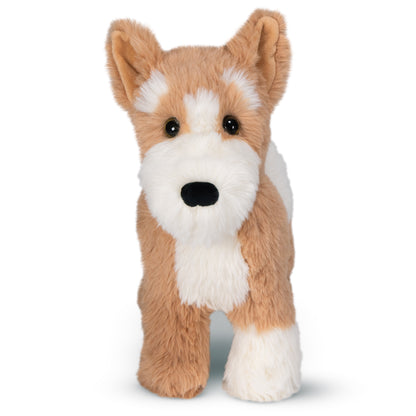 Front view of a plush toy dog with tan and white fur.
