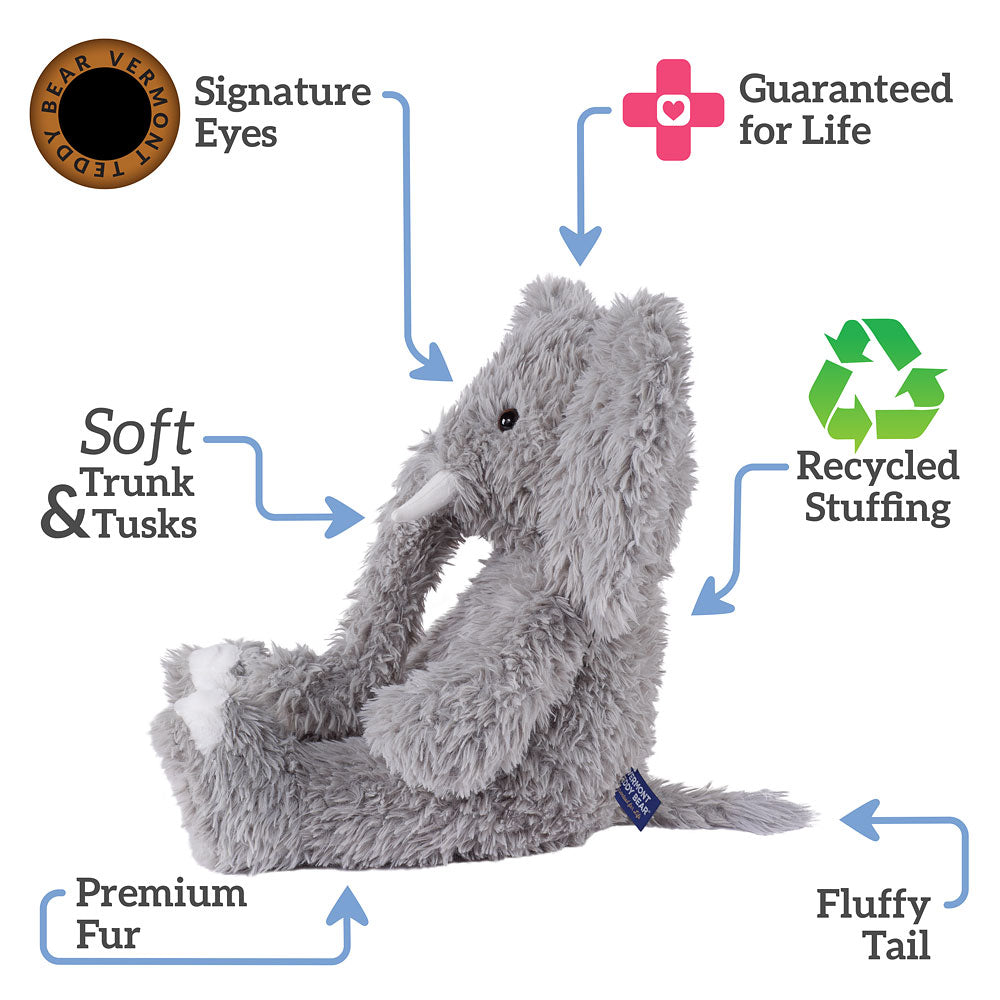 Gray stuffed elephant toy with features highlighted on a white background