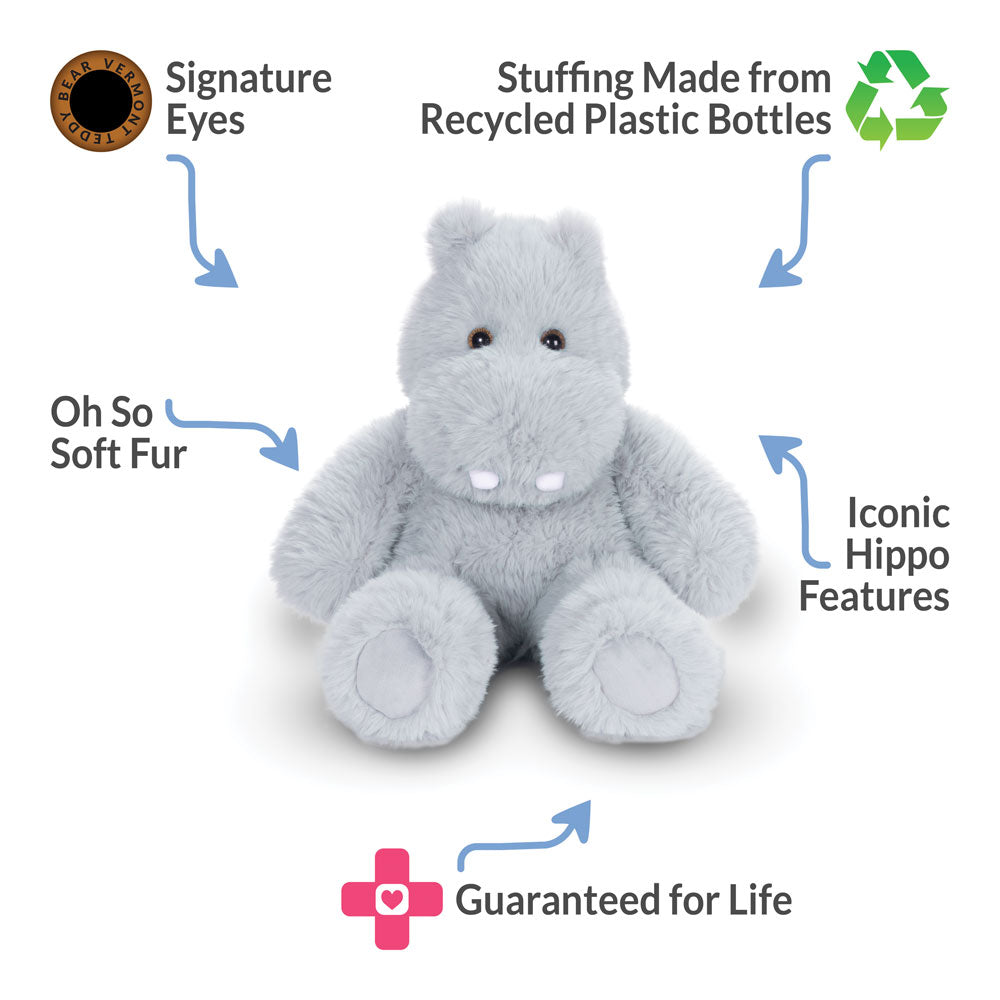 Gray hippo plush toy with features highlighted on a white background