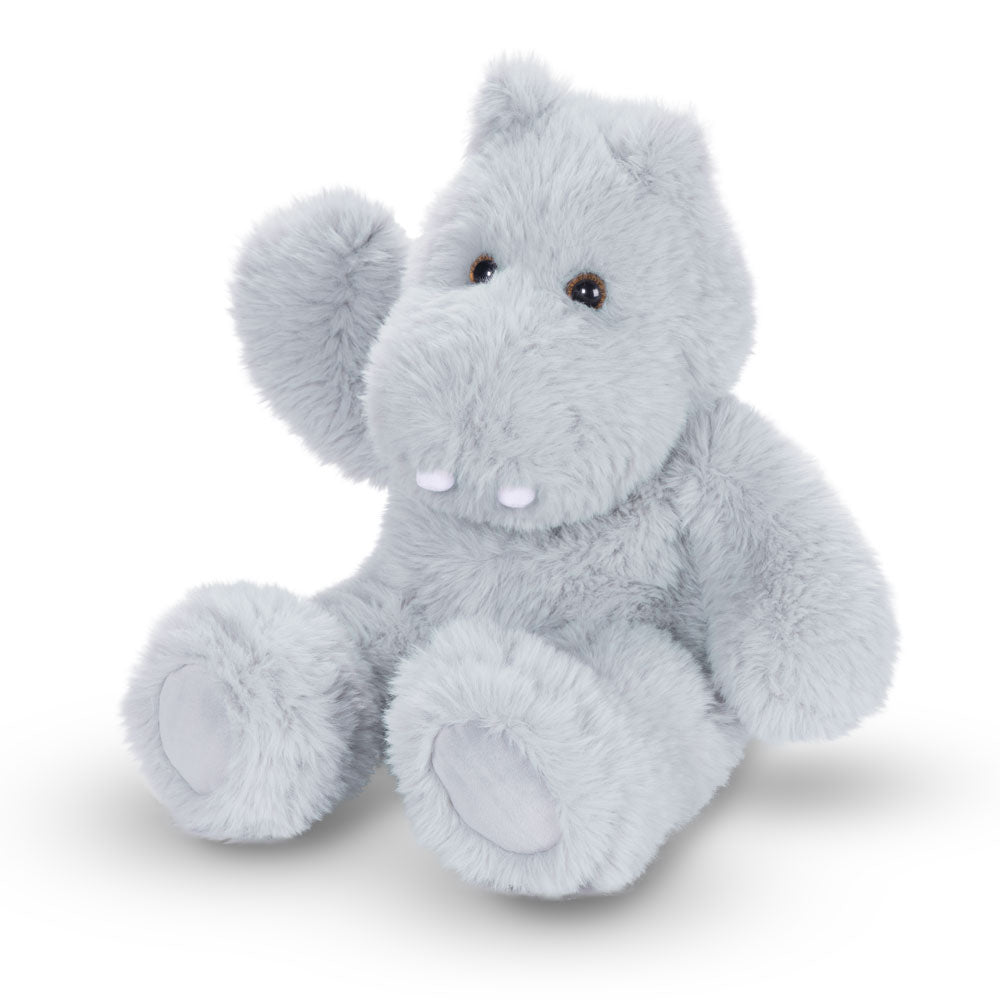 Soft light gray plush hippo with round black eyes and white tusks, sitting upright.