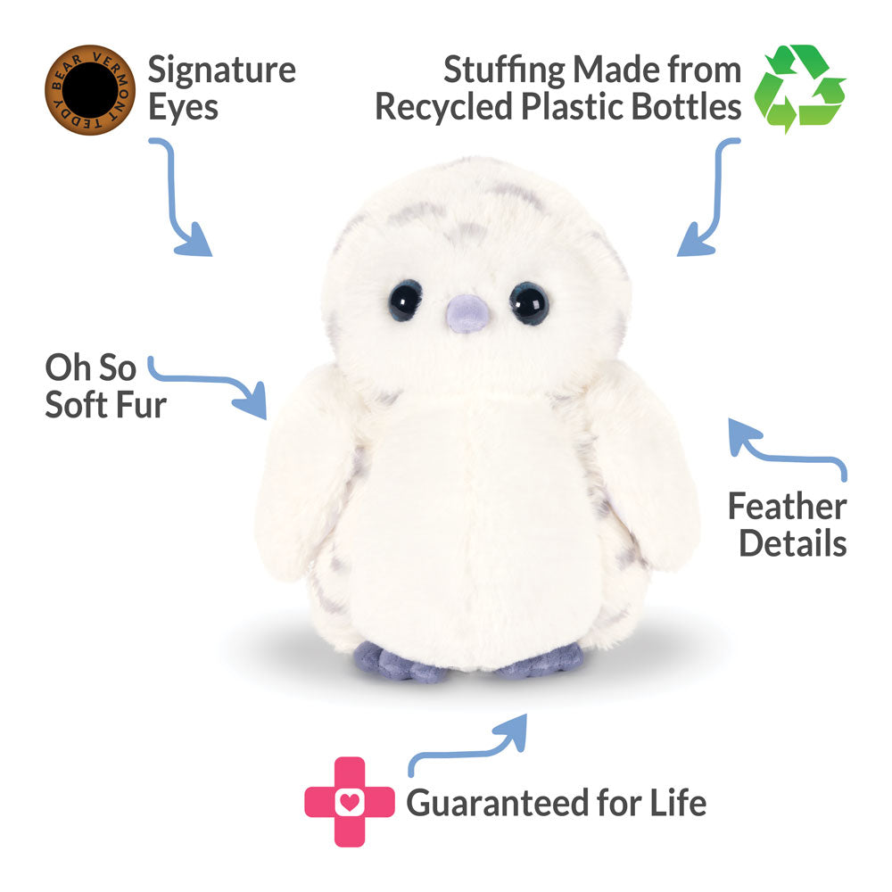 Owl plush toy with features highlighted on a white background
