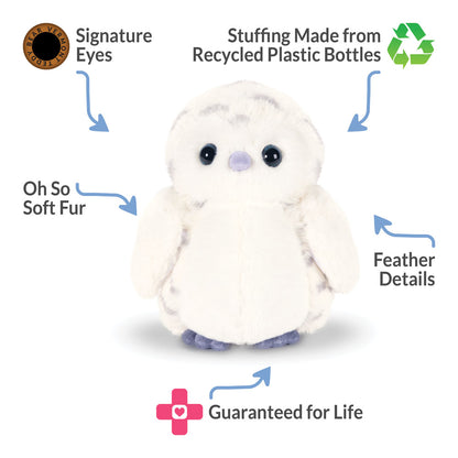 Owl plush toy with features highlighted on a white background