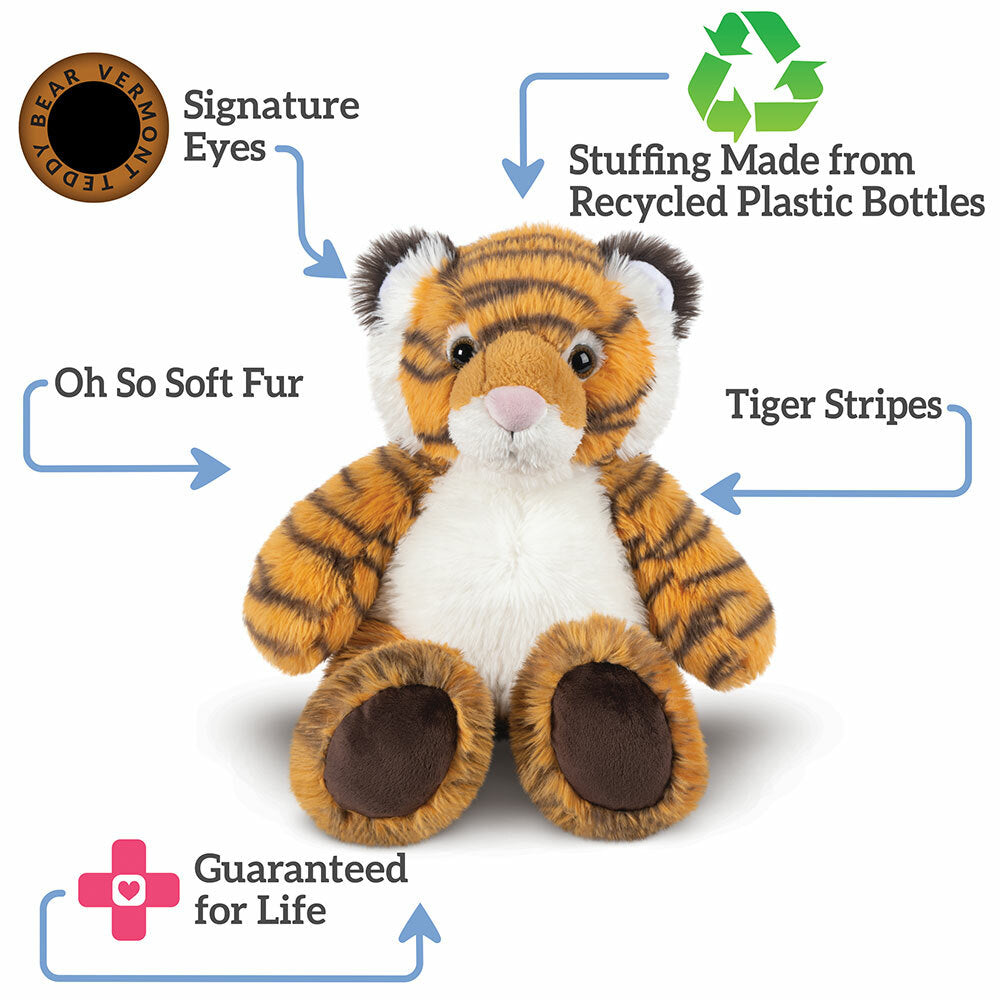 Plush tiger toy with features highlighted on a white background