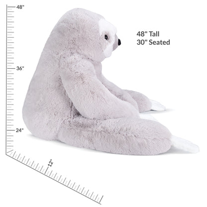 Plush large stuffed sloth with measurements on a white background